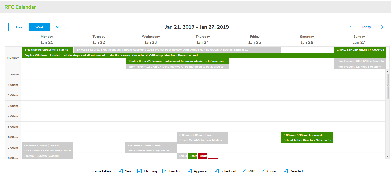 Change Management RFC Calendar Weekly View